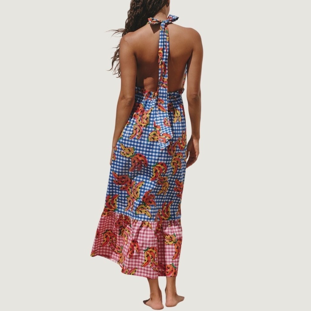 Farm Rio x Anthropologie Banana Vichy Gingham Tiered Halter Midi Dress Pink L - Picture 2 of 8